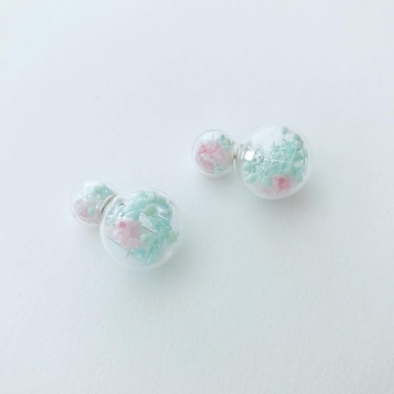 Pink Mint Green Preserved Flowers Double sides earrings birthday Bridal Shower Bridesmaid Glass Ball - Earrings & Clip-ons - Plants & Flowers Green
