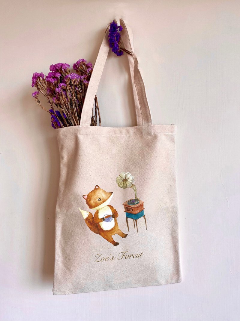 Forest Retro Gramophone Little Fox Canvas Bag - กระเป๋าแมสเซนเจอร์ - ผ้าฝ้าย/ผ้าลินิน 