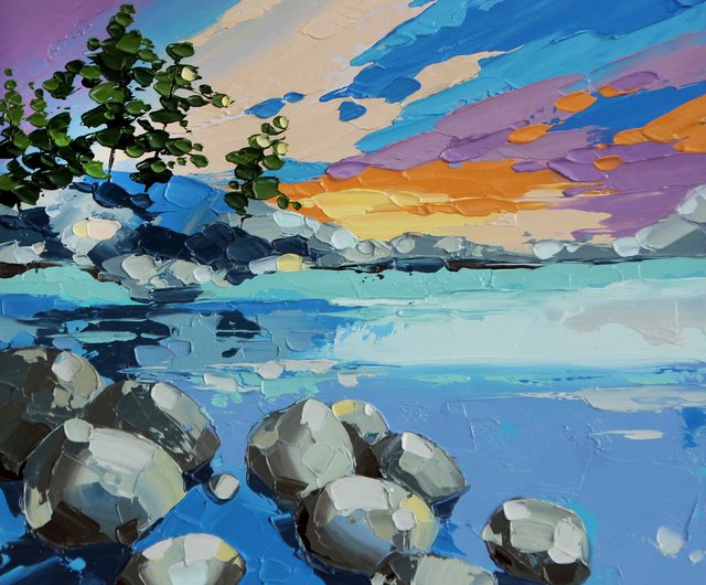 タホ湖の絵画風景オリジナルアート厚塗りアートワーク