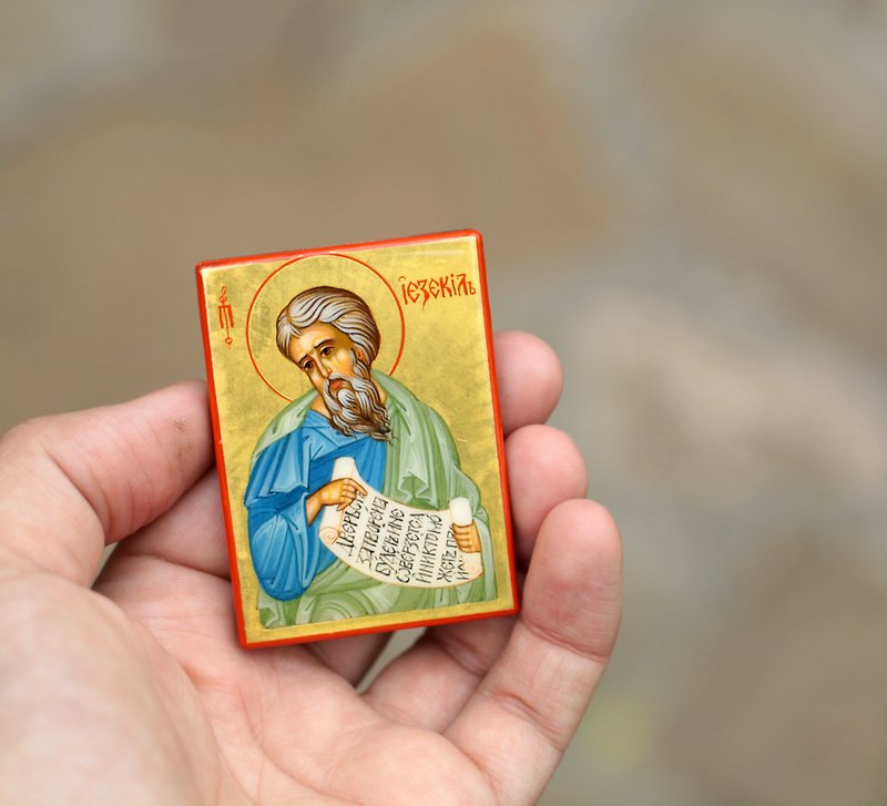 hand painted orthodox wood icon of Saint Prophet Ezekiel pocket size miniature - Other - Wood Blue