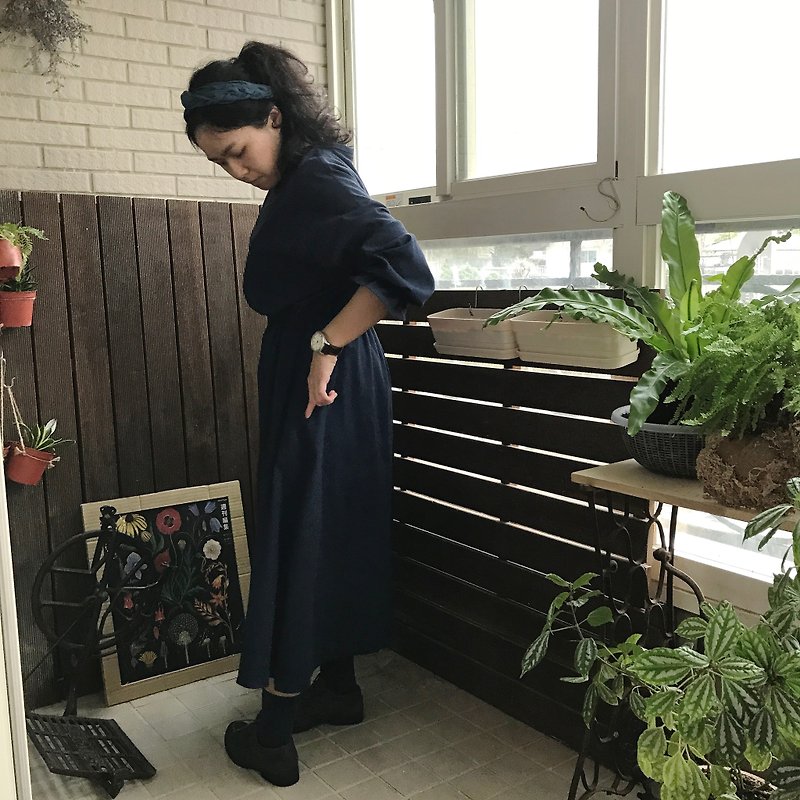 【洋裝 04】圓領澎澎長袖洋裝 - 連身裙 - 棉．麻 藍色