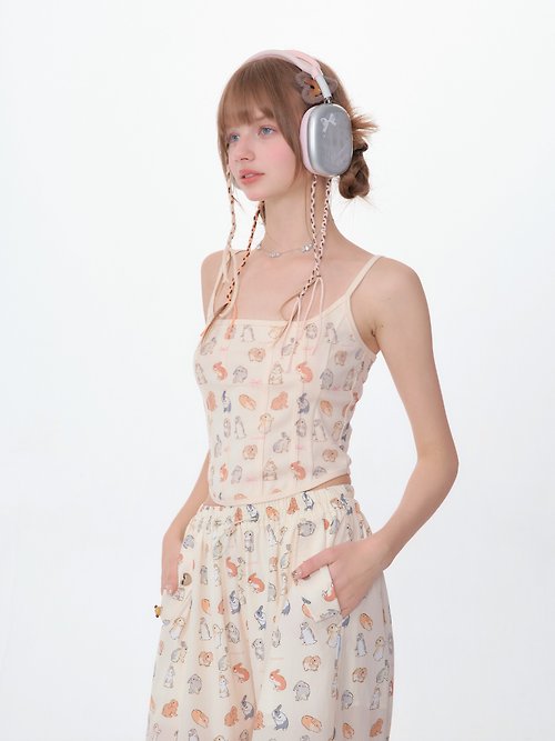 SERIOUS ZIZIFEI ziziFei夏季設計感美式復古短款無袖上衣外穿卡通兔子背心吊帶女