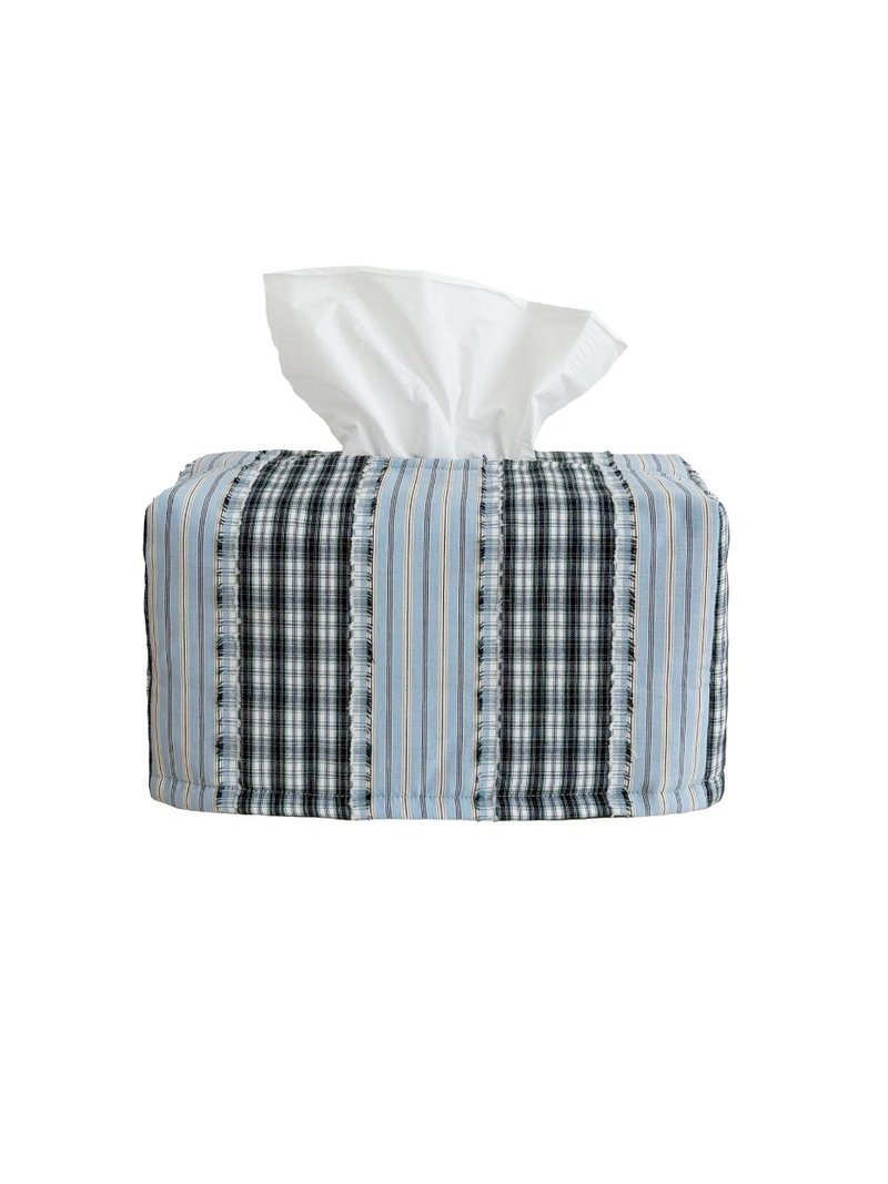 CHECK FRINGE TISSUE COVER (SKY) - 面紙盒 - 棉．麻 藍色