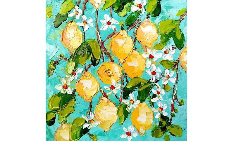 レモンの絵 イタリア オリジナル アート 厚塗り油絵 ソファの上のフルーツの絵 - ウォールデコ・壁紙 - その他の素材 イエロー