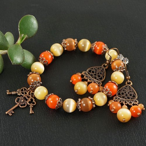 AGATIX Fire Red Orange Yellow Cat Eye Copper Key Bracelet and Earrings Boho Jewelry Set