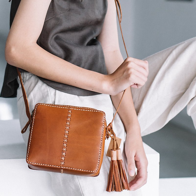 SQUARE SHAPE LEATHER CROSS BODY BAG-BROWN (TAN) - Messenger Bags & Sling Bags - Genuine Leather Brown