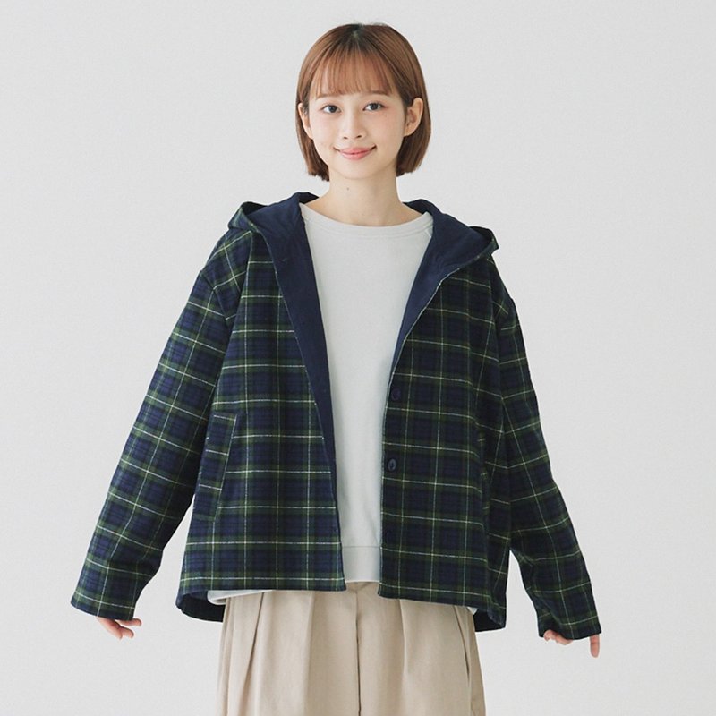 【Simply Yours】Hooded Button-Up Plaid Jacket in Green-Blue (One Size Fits All) - Women's Casual & Functional Jackets - Cotton & Hemp Blue