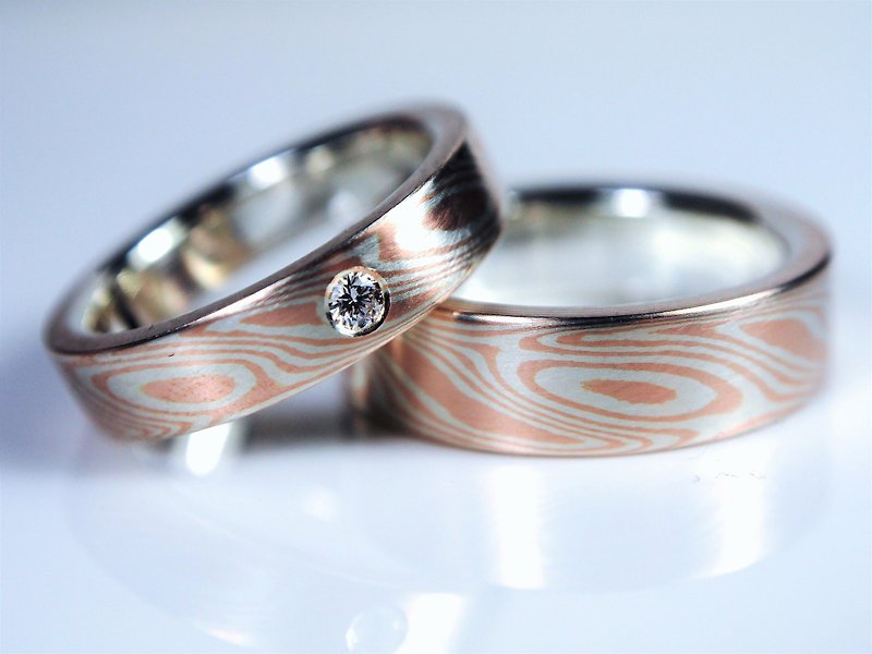 Element47 Jewelry studio~ Karat gold mokume gane wedding ring 19 (14KR/925/diamo - Couples' Rings - Precious Metals Multicolor