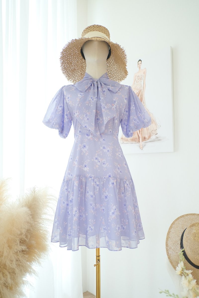 Lavender floral summer bridesmaid dress Dolly sleeve wedding guest party dress - One Piece Dresses - Polyester Purple