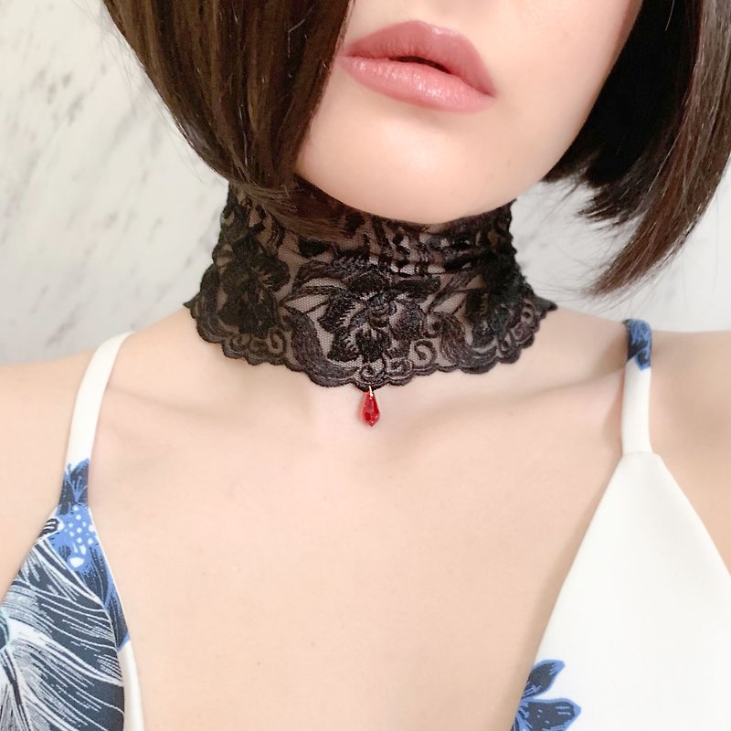 Necklace of a good person who watches over you / Wide black lace choker SV133 - Chokers - Polyester Black