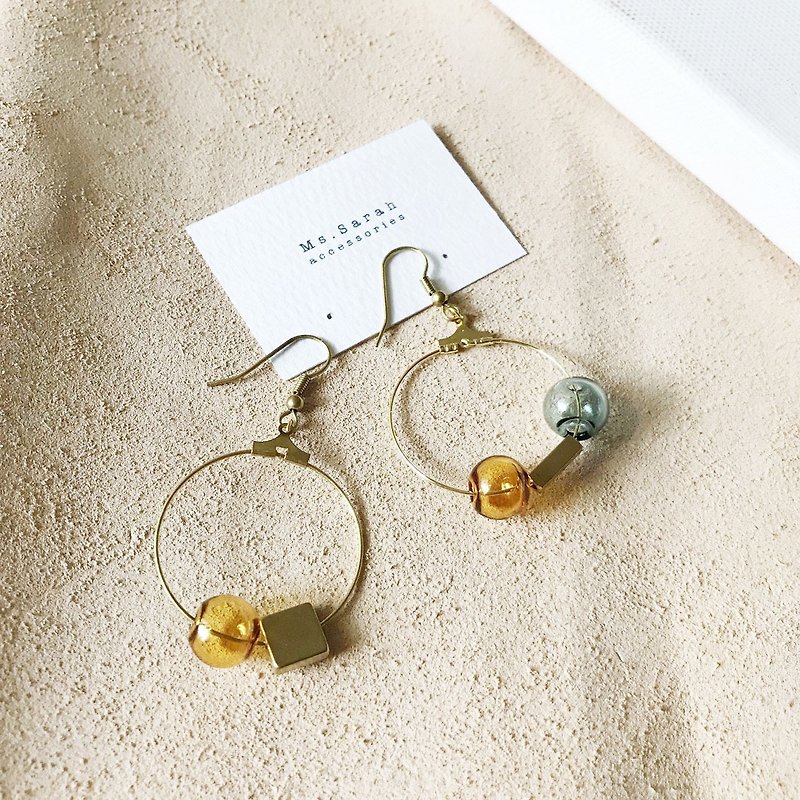 Glass Bubble_Brass Earrings_Weaver (can be changed) - Earrings & Clip-ons - Glass Orange