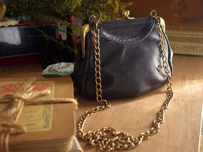 4.5studio- Nordic ancient antique bag - dark blue leather mini bag mouth gold chain - Messenger Bags & Sling Bags - Genuine Leather Blue