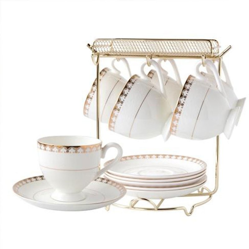 JUST HOME Yuli bone china six-cup and plate set (with gold stand) - Mugs - Other Materials 
