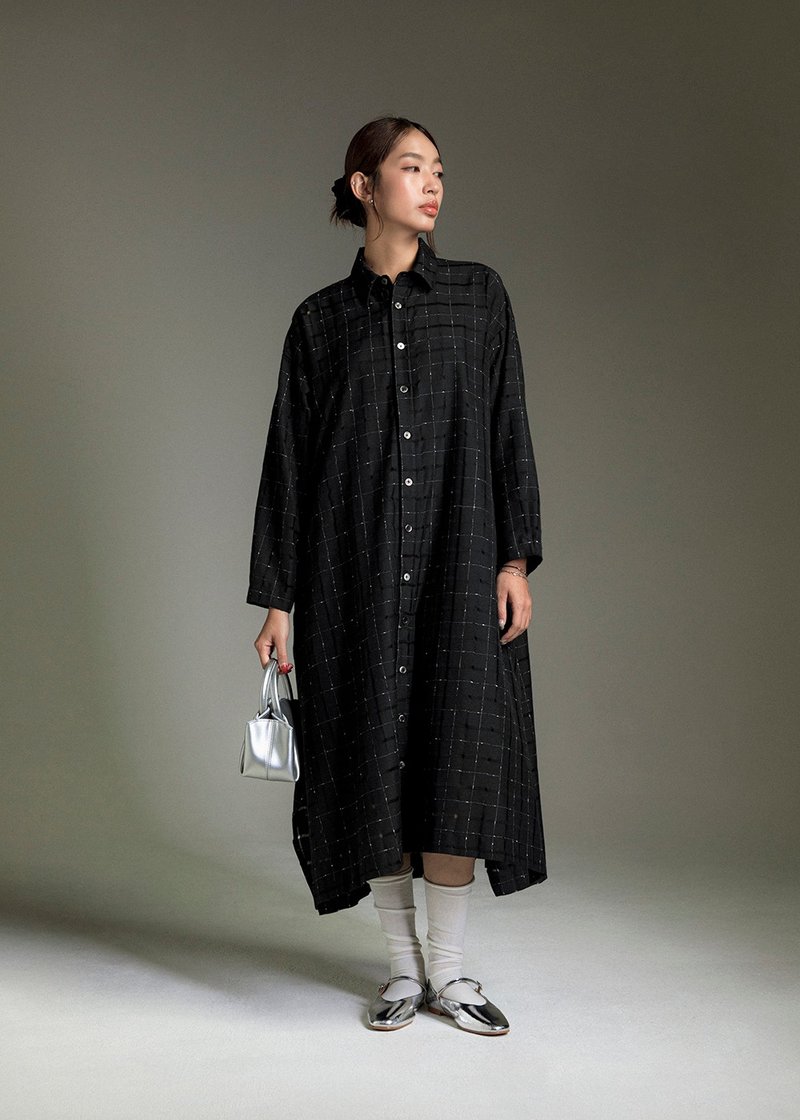 格紋織理A字襯衫長洋裝 - 洋裝/連身裙 - 其他材質 黑色