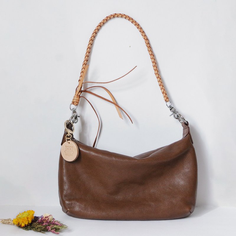 大容量高級真皮波士頓包 兩用斜背肩背包 休閒包款 - 側背包/斜背包 - 真皮 咖啡色