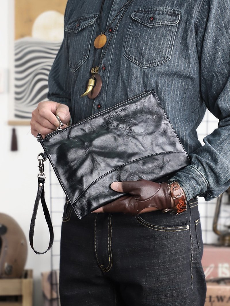 Large Capacity Clutch Wallet Genuine Leather Ipad Holder Handbag Business Clutch - กระเป๋าถือ - หนังแท้ สีดำ