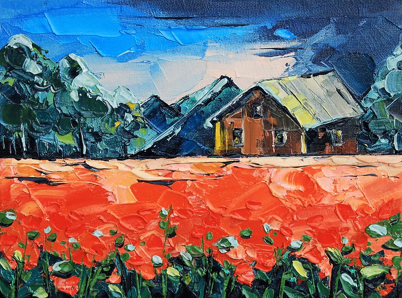 Meadow Floral Painting Vermont Original Art Old House Wall Art Impasto Artwork - Posters - Other Materials Red