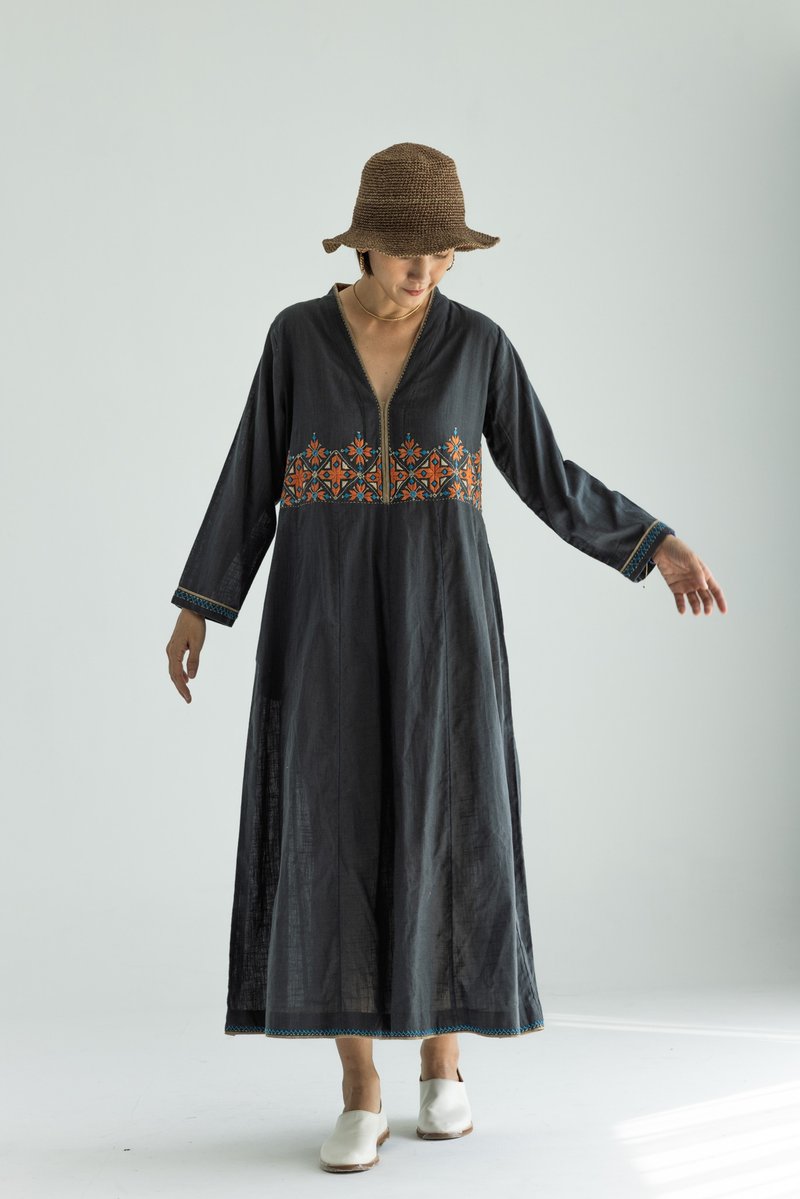 Handmade soof embroidered V-neck three-quarter sleeve long dress - One Piece Dresses - Cotton & Hemp Gray