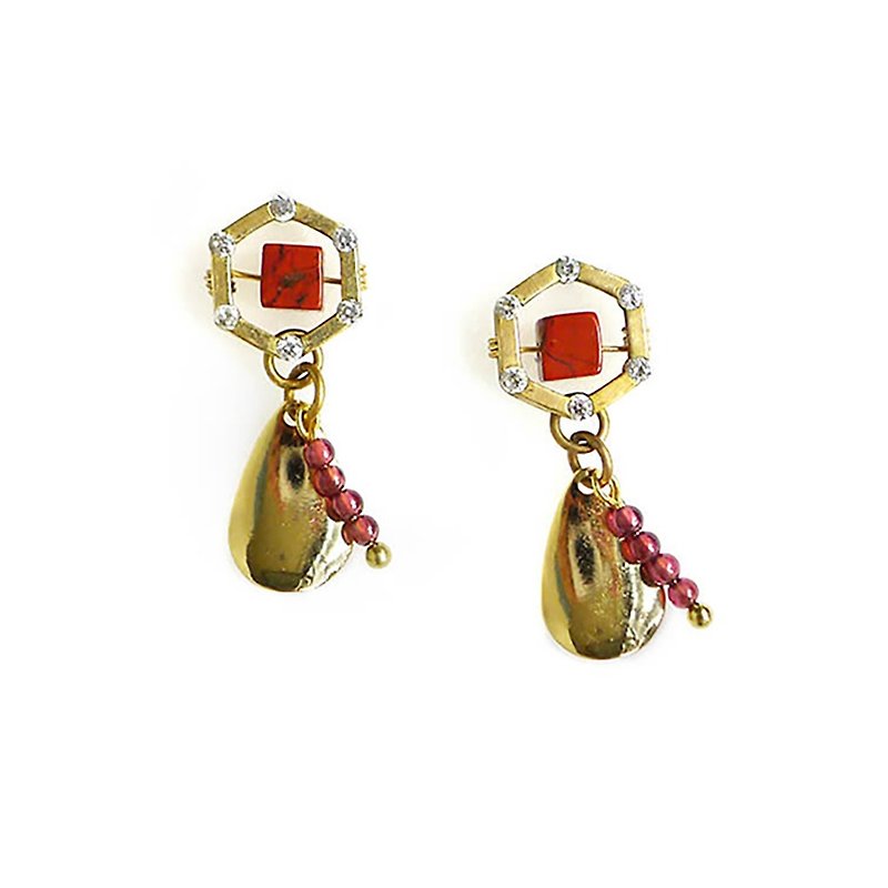 Ficelle | Handmade Brass Natural Stone Bracelet | 【Midsummer Fruit】 Safflower Jasper - Earrings - Earrings & Clip-ons - Gemstone 