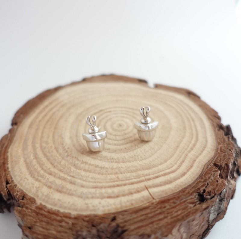Bunny succulent potted sterling silver bi halo succulent ear needles - Earrings & Clip-ons - Other Metals Silver