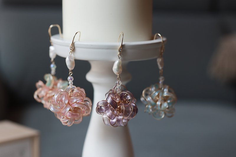 Mermaid bubble ball freshwater pearl pendant crystal flower resin flower earrings sterling silver ear hook Clip-On - ต่างหู - เรซิน หลากหลายสี