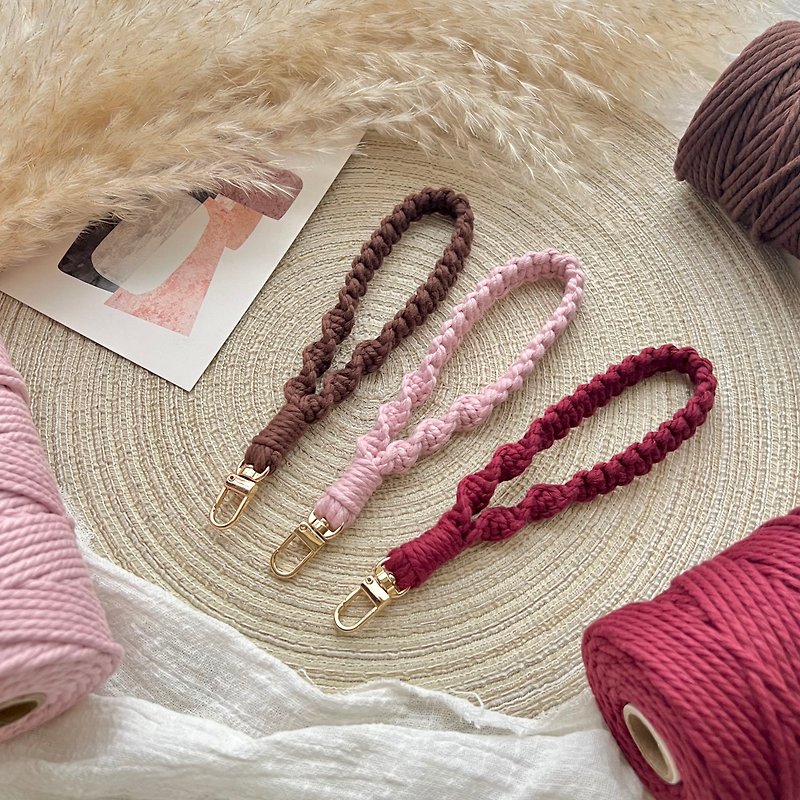Pink and brown double braided mobile phone lanyard | door clip - Phone Accessories - Cotton & Hemp Pink