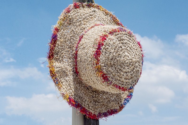 Hand-braided cotton Linen Sari cap / knit cap / hat / straw / straw hat - Rainbow yarn Lisi - Hats & Caps - Cotton & Hemp Multicolor