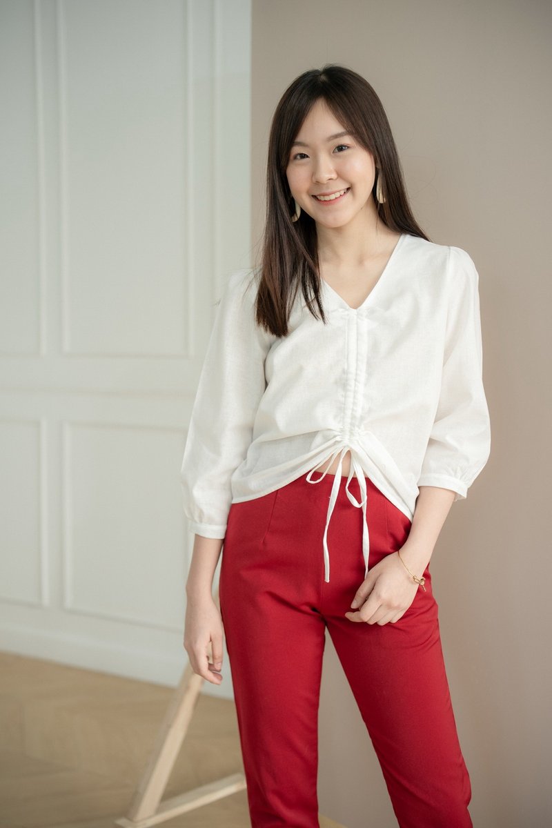 Knotted Crop Top -  White - 女上衣/長袖上衣 - 亞麻 白色