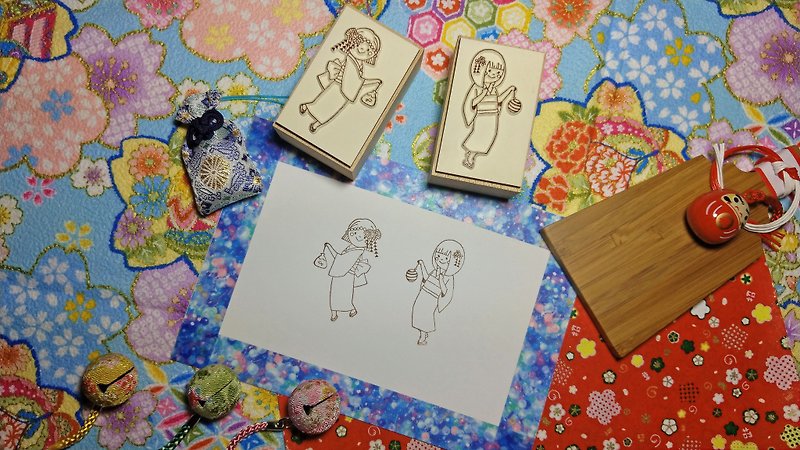 【Log Stamp】Summer Fireworks Yukata Girl Group-B - Stamps & Stamp Pads - Wood Multicolor
