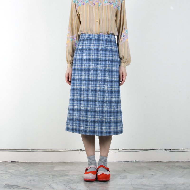 [Egg plant ancient] water color lattice ancient A word wool skirt - Skirts - Wool Blue