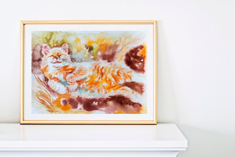 Ginger Cat and Colorful Leaves in a Watercolor Masterpiece - 壁貼/牆壁裝飾 - 紙 橘色