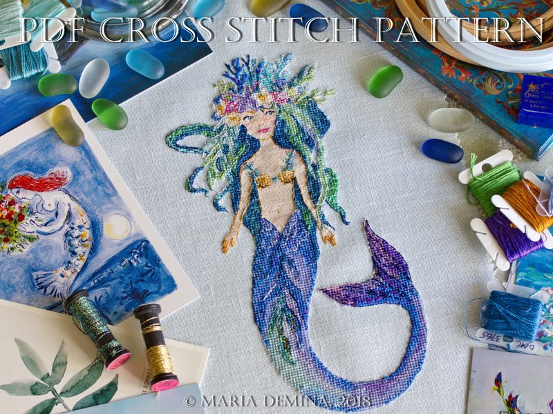 The Friendly Mermaid watercolor PDF cross stitch pattern - 手工藝教學/工具書 - 其他材質 