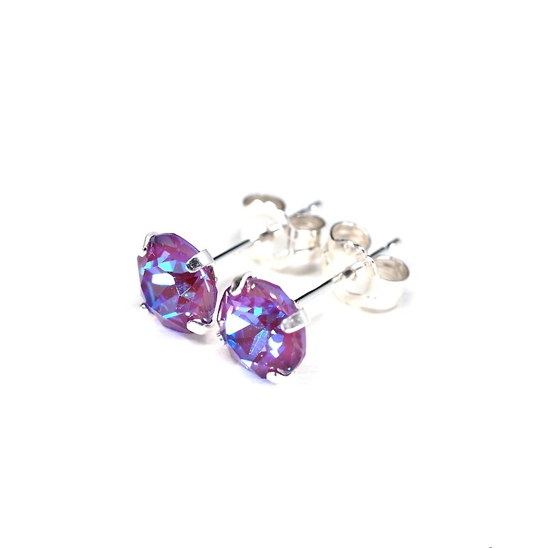 Sparkly Purple Swarovski Crystal Earrings, Sterling Silver, 6mm Round, 女性耳環 - Earrings & Clip-ons - Sterling Silver Purple