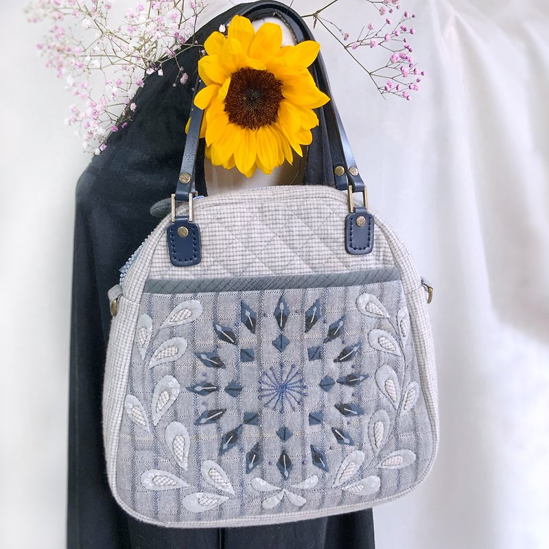 Grey blue lace embroidery Japanese first dyed cloth leather handle handbag shoulder bag - Handbags & Totes - Cotton & Hemp Blue