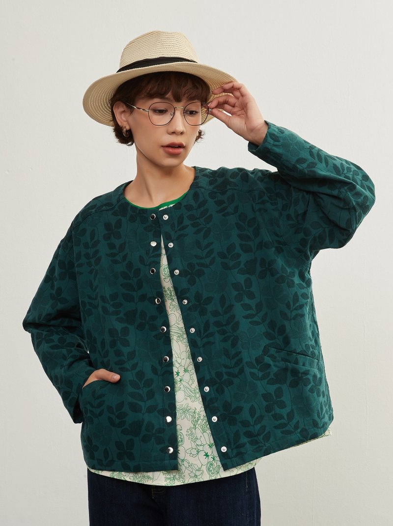 Leaf jacquard cardigan, snap button, long sleeve jacket, outerwear - Women's Casual & Functional Jackets - Cotton & Hemp Green