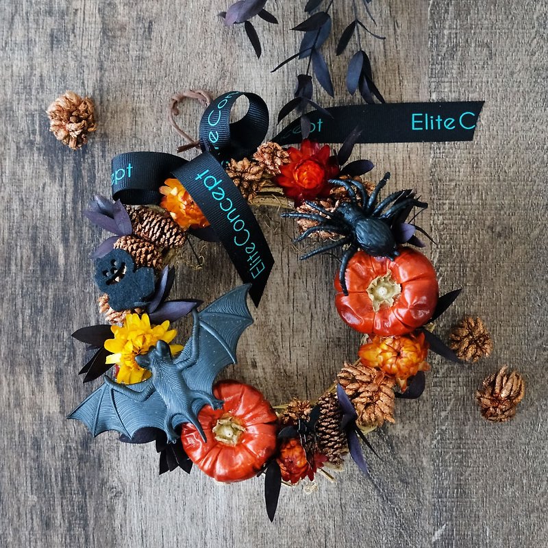 Tirck or treat! Trick or Treat Halloween Wreath | Dry Flower - ตกแต่งต้นไม้ - พืช/ดอกไม้ สีส้ม