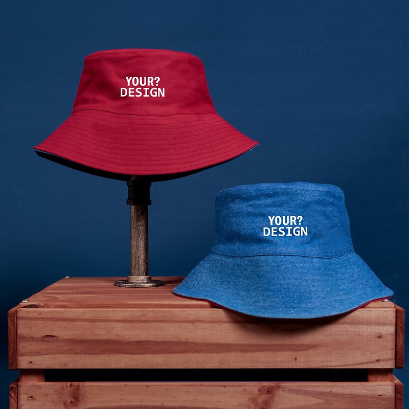[kuroi-T] custom-made two-color fisherman hat (denim / dark red) - หมวก - ผ้าฝ้าย/ผ้าลินิน 