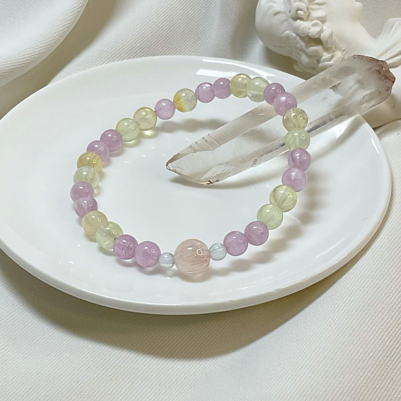【小高品】紫鋰輝石 粉兔毛 雙色葡萄石 水晶手鍊 - 手鍊/手環 - 寶石 粉紅色