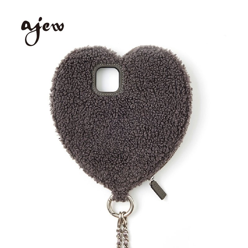 ajew dress 毛絨心型鏈帶手機殼 / gray(含金屬鏈帶) - 手機殼/手機套 - 人造皮革 灰色