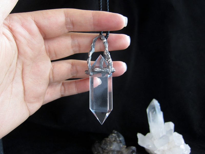 Original design Silver inlaid natural white crystal column pendant with rope pendant - Necklaces - Sterling Silver Black