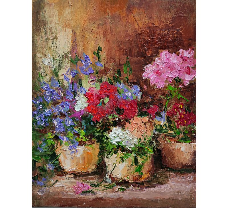 Floral Bouquet Original Oil Painting Potted Flowers Wall Art Gift Idea 手工油畫 油畫原作 - โปสเตอร์ - วัสดุอื่นๆ หลากหลายสี