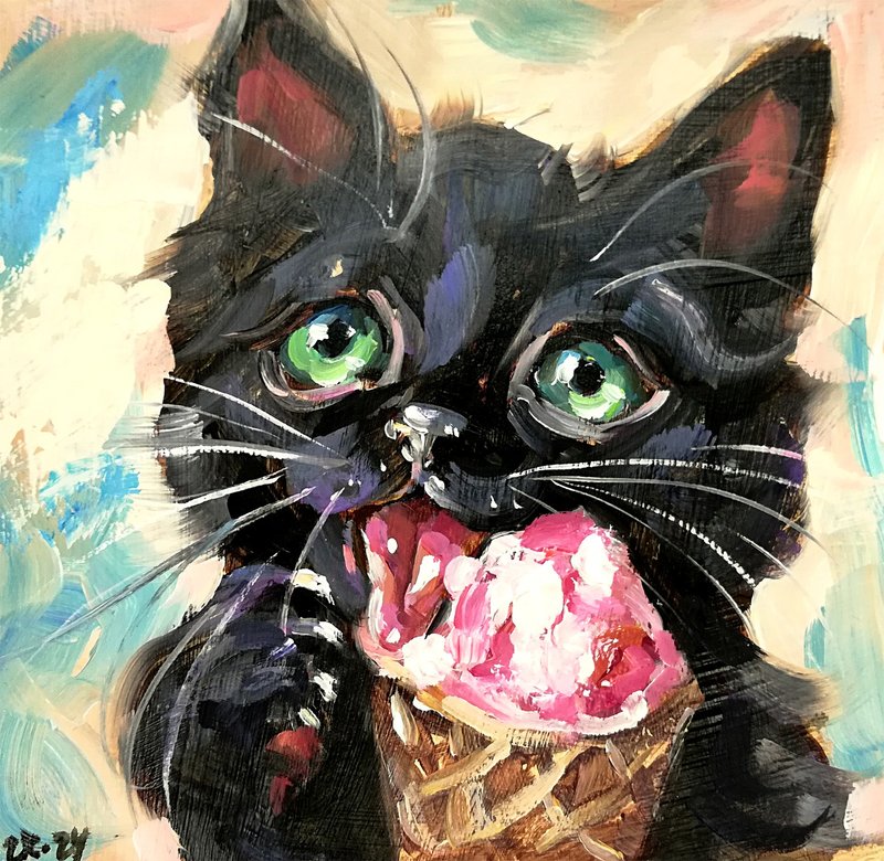 Black Cat Ice Cream Art Cute Kitten Animal Pet Portrait Original Oil Painting - โปสเตอร์ - วัสดุอื่นๆ หลากหลายสี