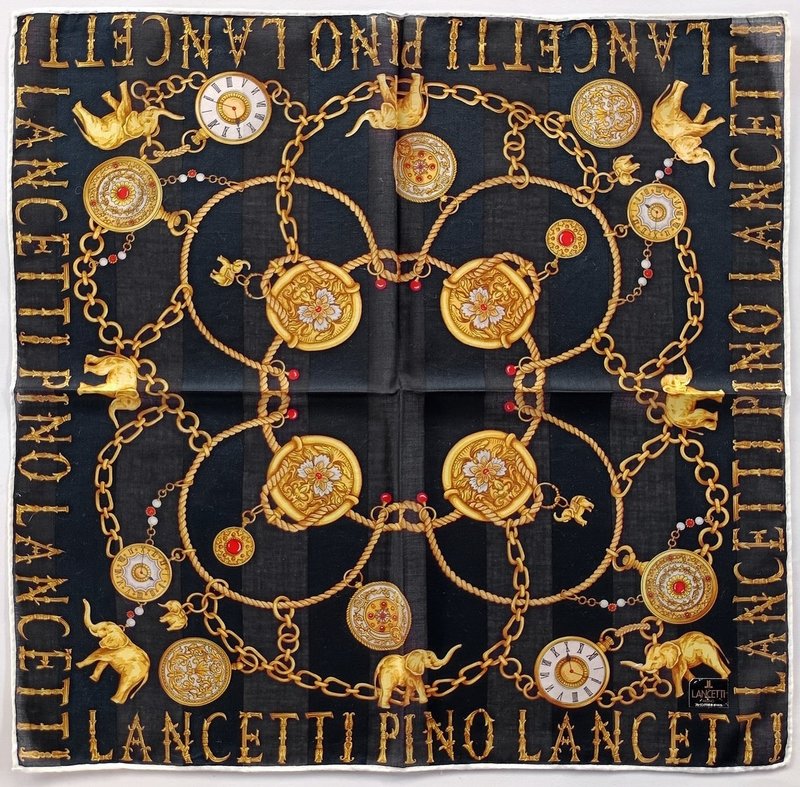 Lancetti Vintage Handkerchief Elephants & Pocket Watch 21 x 21 inches - 手帕 - 棉．麻 藍色