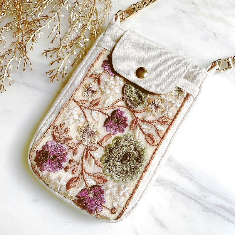 Mobile phone case | Cell Phone Purse | India Embroidery ribbon trims | Handmade - Messenger Bags & Sling Bags - Other Materials White