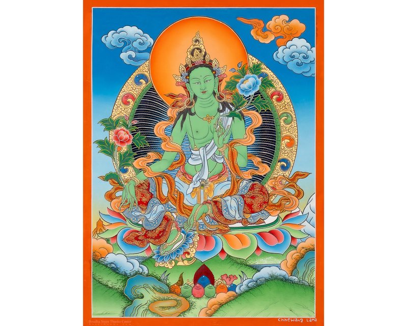 Green Tara Thangka – Tibetan Goddess of Protection & Compassion - Wall Décor - Other Materials Multicolor