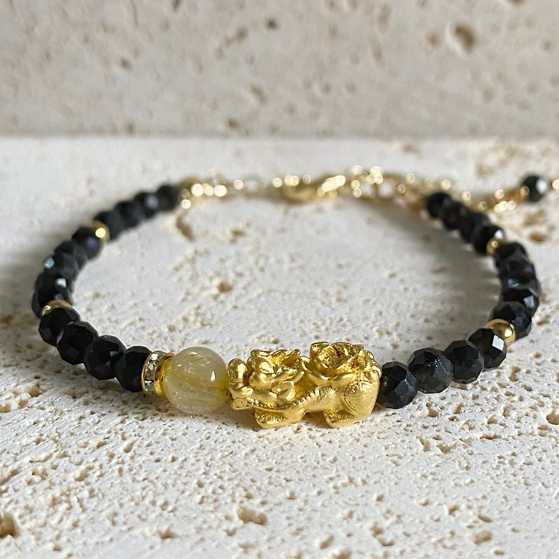 Pure Gold Pixiu Titanium Crystal Beads 4mm Obsidian Bracelet JYL Next-hand Made - Bracelets - Precious Metals Black