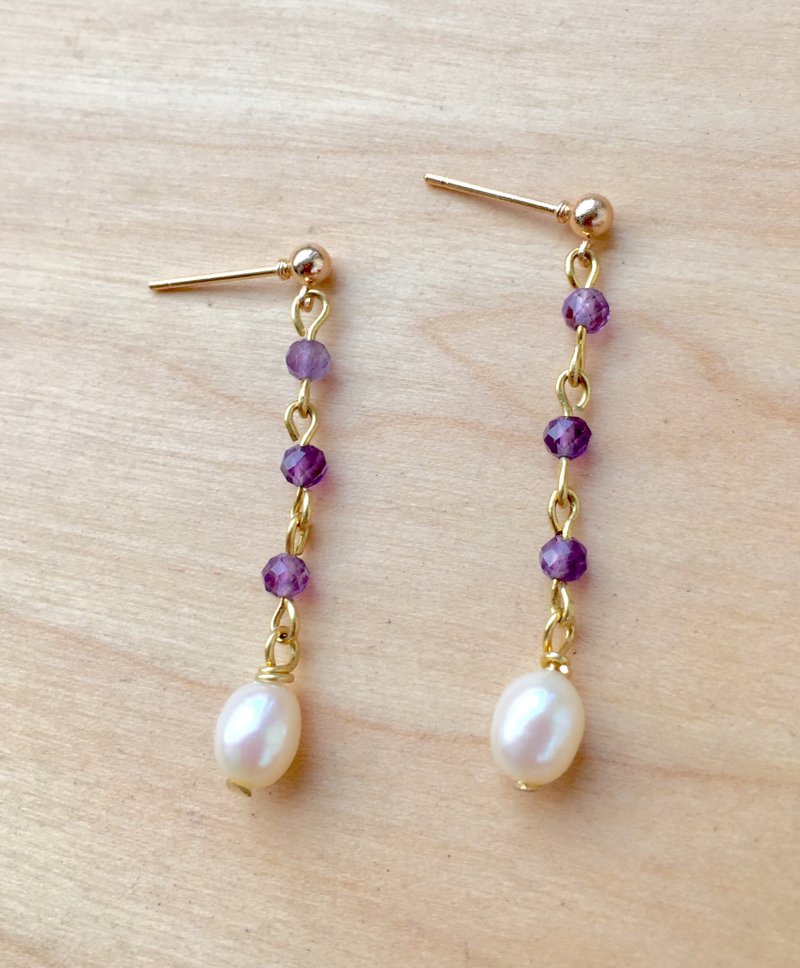 Gradient Amethyst/Natural Pearl Rice Pendant Series Bronze Earrings Fast Shipping - ต่างหู - คริสตัล สีม่วง