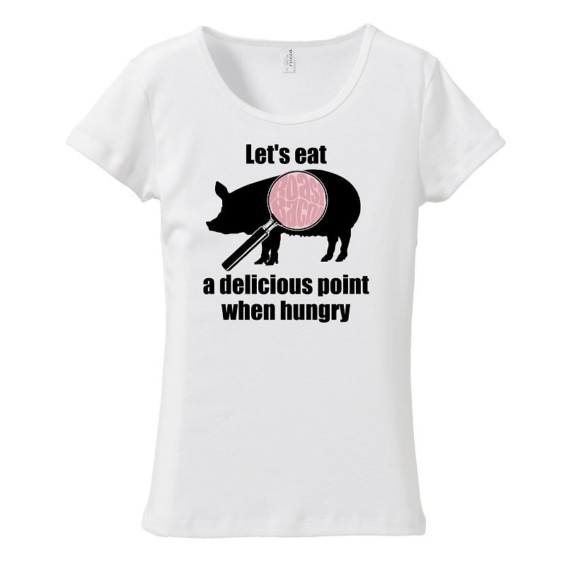 [Women's T-shirt] Delicious points / Pig - เสื้อยืดผู้หญิง - ผ้าฝ้าย/ผ้าลินิน ขาว