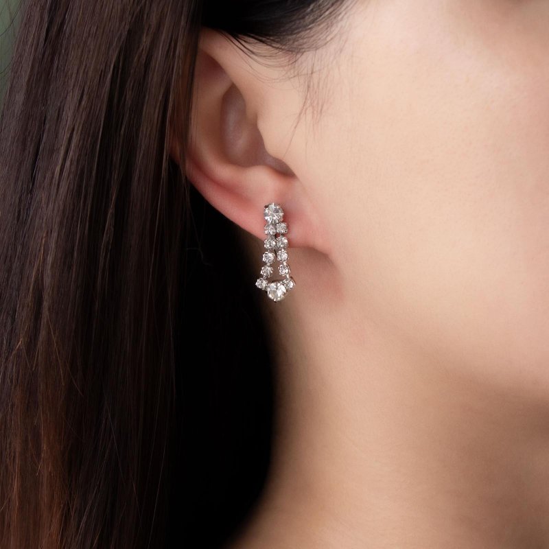 加拿大Jay Flex品牌古董 典雅純銀鑲萊茵石耳夾 耳栓 夾式耳環 - 耳環/耳夾/耳骨夾 - 純銀 銀色