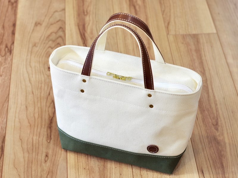 SALE Leather Handle Canvas Tote Bag S Size (ZIP TOP) Natural x Olive - Handbags & Totes - Cotton & Hemp Green